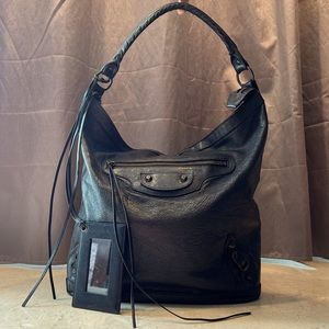 BALENCIAGA Motocross Classic Day Hobo Handbag, Black Lambskin